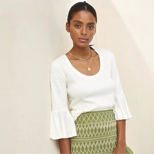 Anthropologie Women’s Smocked Bell-Sleeve Top In White Size XS